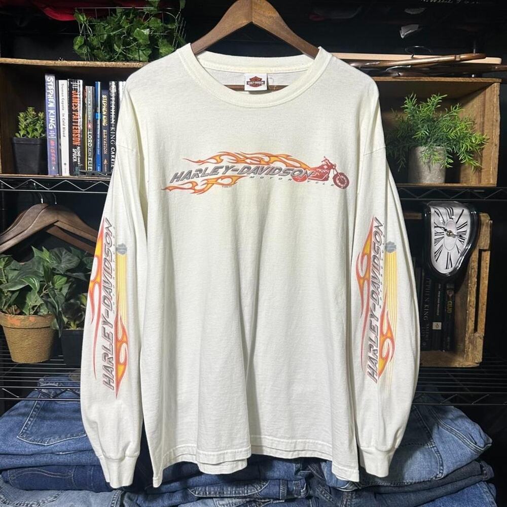 Vintage Y2K Harley Davidson Long Sleeve Shirt Double Flame Sleeve Hit Biker Tee